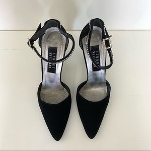 [SOLD] Stuart Weitzman Matte Black Silk Heels with Rhinestones